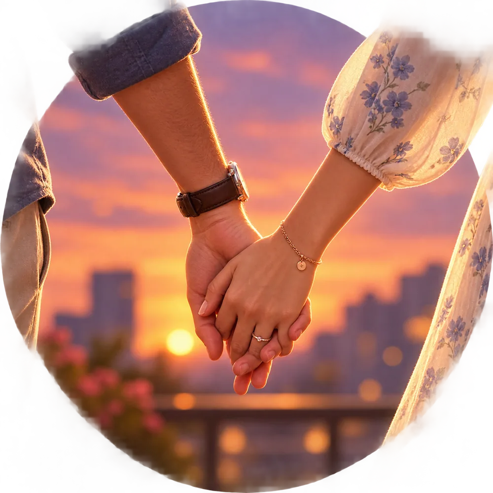 Couple holding hands at sunset